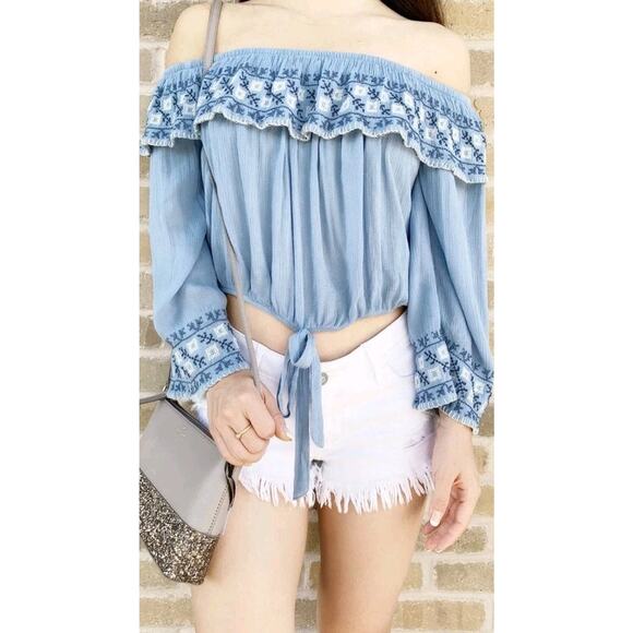 American Eagle Floral Off Shoulder Crop Top XXL Blue White Ruffle EUC - Picture 1 of 8